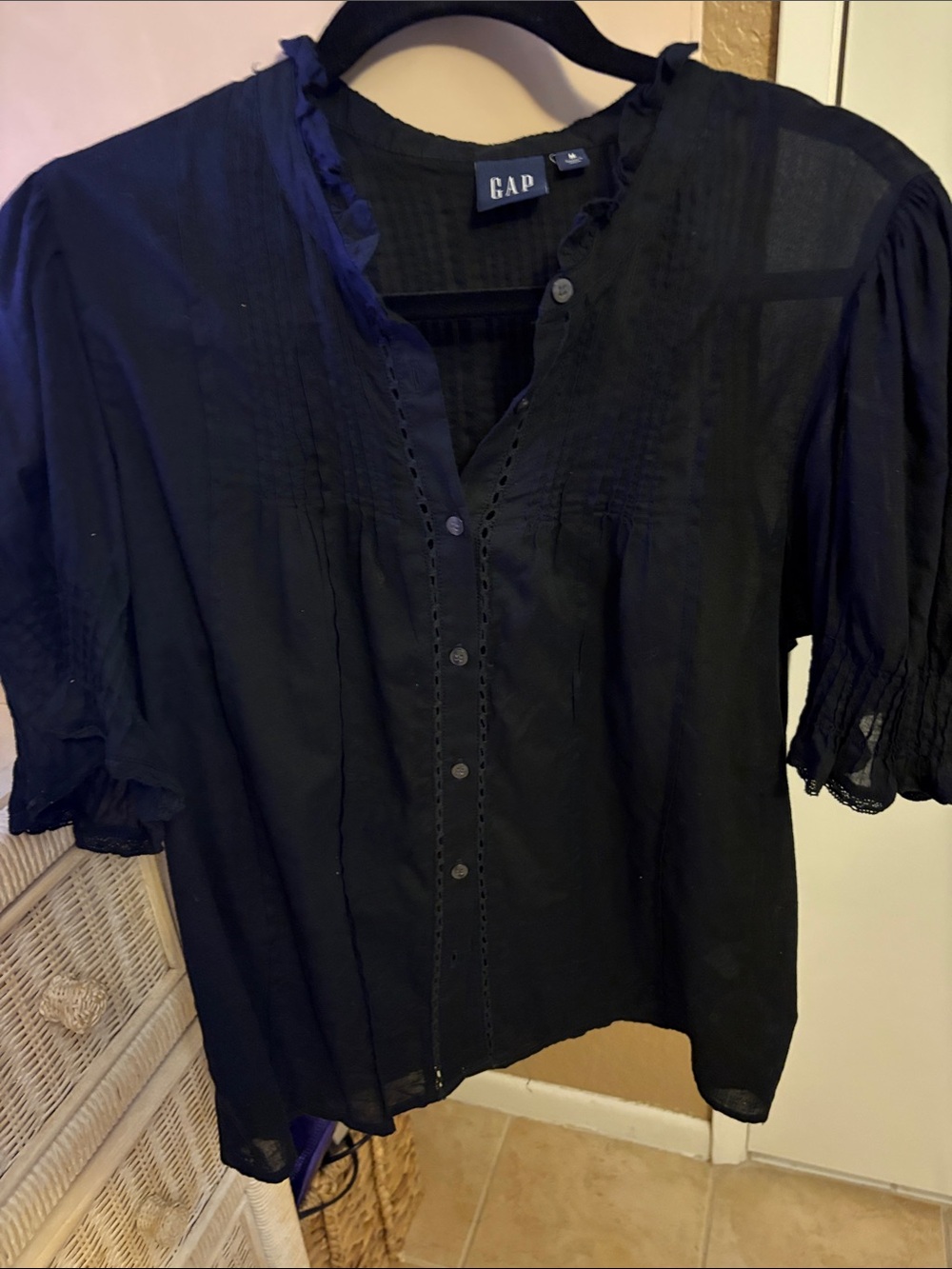 GAP Black Button-Front Peasant Blouse with Pintuck and Eyelet Trim